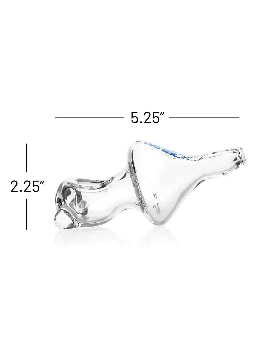 Eine klare Helix Mini-Handpfeife aus Glas mit Maßangaben für eine Länge von 5,25 Zoll und eine Höhe von 2,25 Zoll.