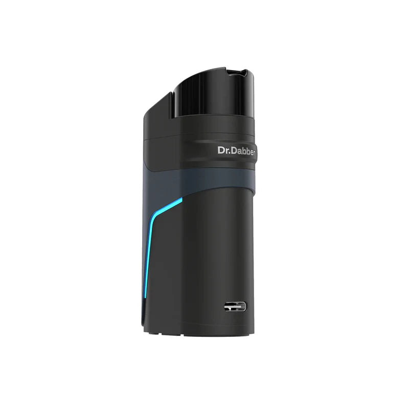 Ein eleganter schwarz-grauer Hand-Vaporizer mit „Dr. Dabber“-Logo, einem blauen LED-Leuchtstreifen und einem USB-C-Ladeanschluss.