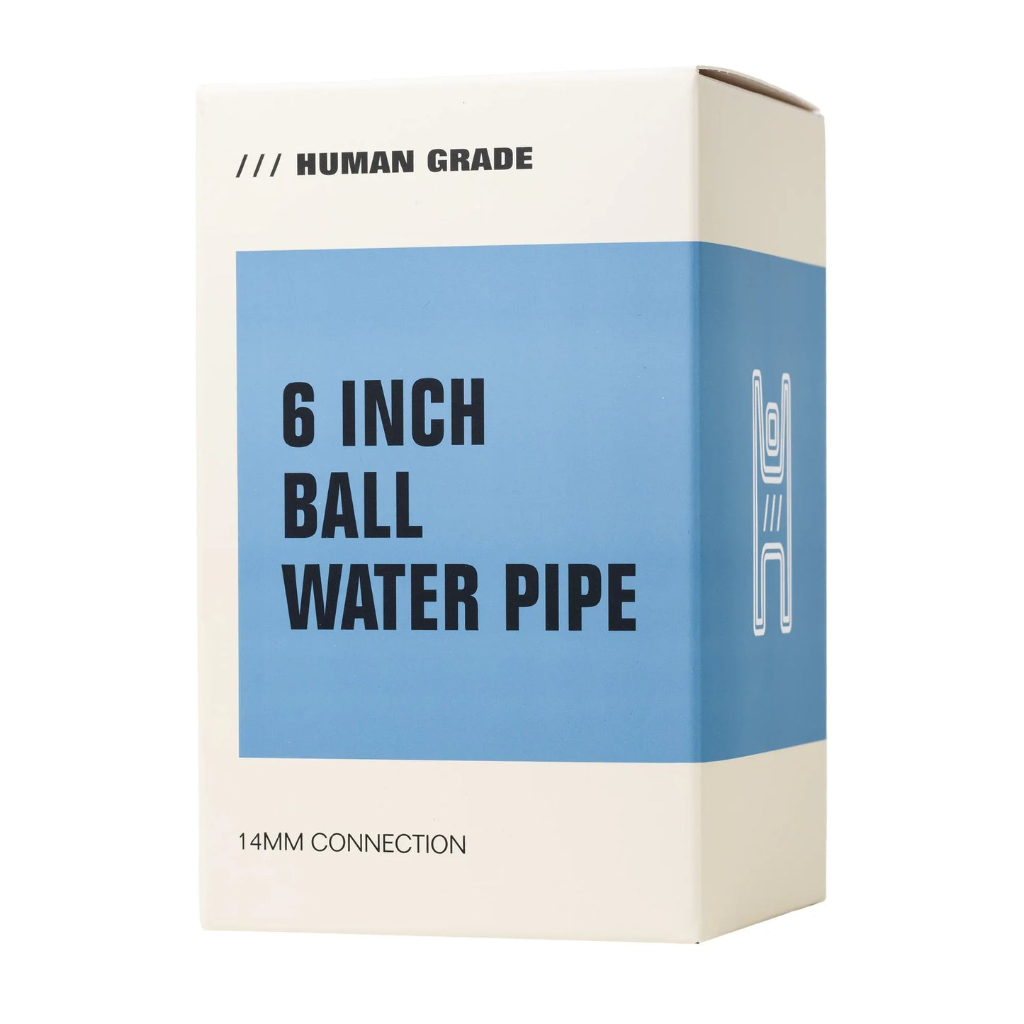 Weiße Produktverpackung mit blauem Mittelstreifen für die „Human Grade 6 Inch Ball Water Pipe“ mit Hinweis auf einen 14mm-Anschluss.