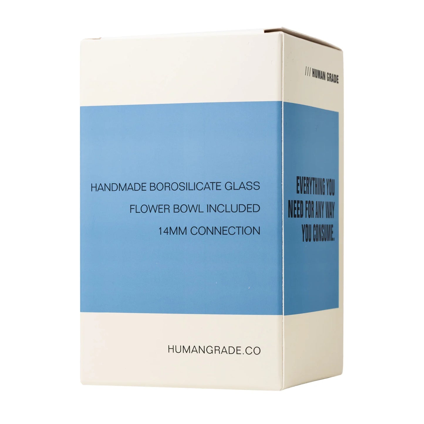 Seitenansicht der „Human Grade“-Verpackung mit blauen Akzenten und Textdetails zu handgefertigtem Borosilikatglas und inklusivem Glaskopf.