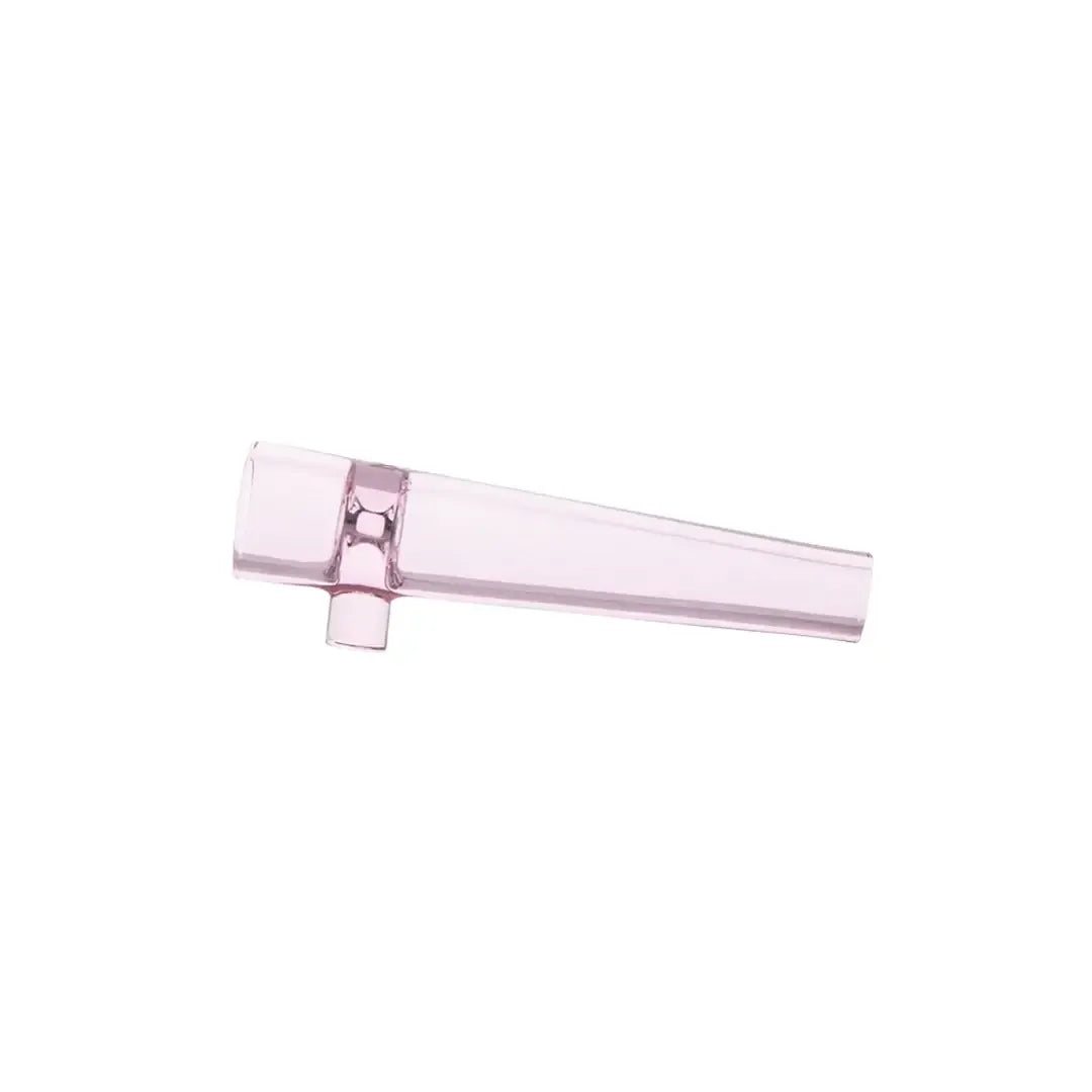 Ein minimalistisches, hellrosa Glas-Chillum mit einem konischen Mundstück und einem kleinen integrierten Abrollschutz aus Glas.