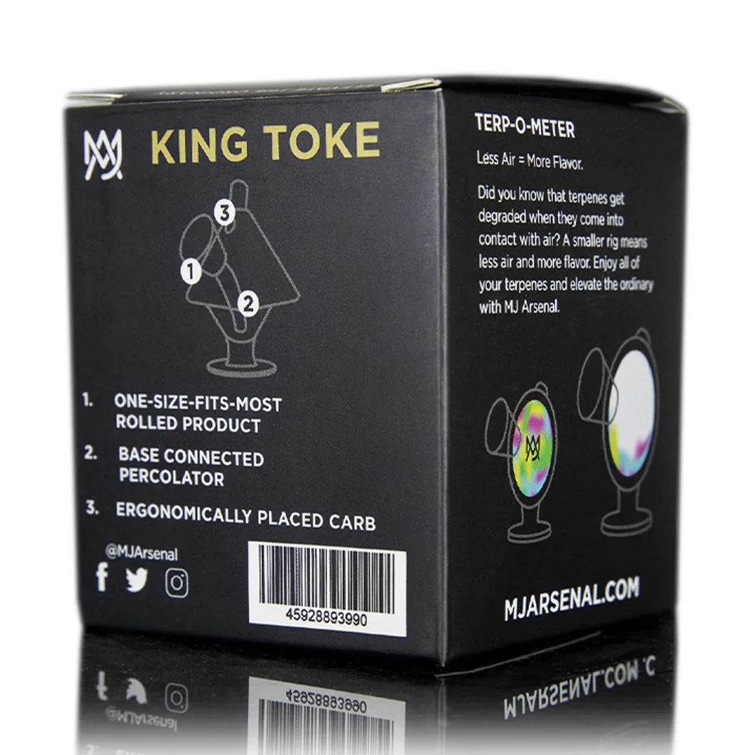 Die Rückseite der „King Toke“-Verpackung mit einer nummerierten Grafik der Bubbler-Funktionen und technischen Informationen.