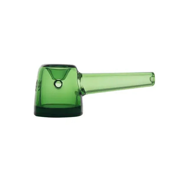 Eine lichtdurchlässige grüne Glaspfeife mit einem kompakten, zylindrischen Kopf und einem konischen Stiel.