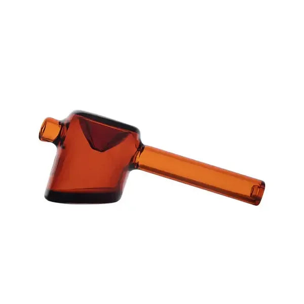 Eine bernsteinfarbene Glaspfeife mit einer einzigartigen, schrägen Basis im „Kickstand“-Stil und einem geraden, lichtdurchlässigen Stiel.