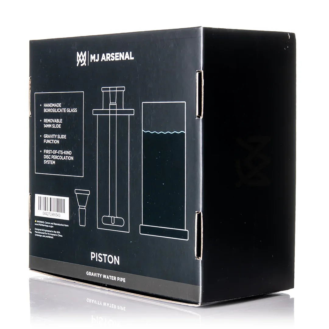 Die Rückseite der MJ Arsenal Piston Verpackung mit Details zu Merkmalen wie Borosilikatglas und dem Disc-Perkolator-System.