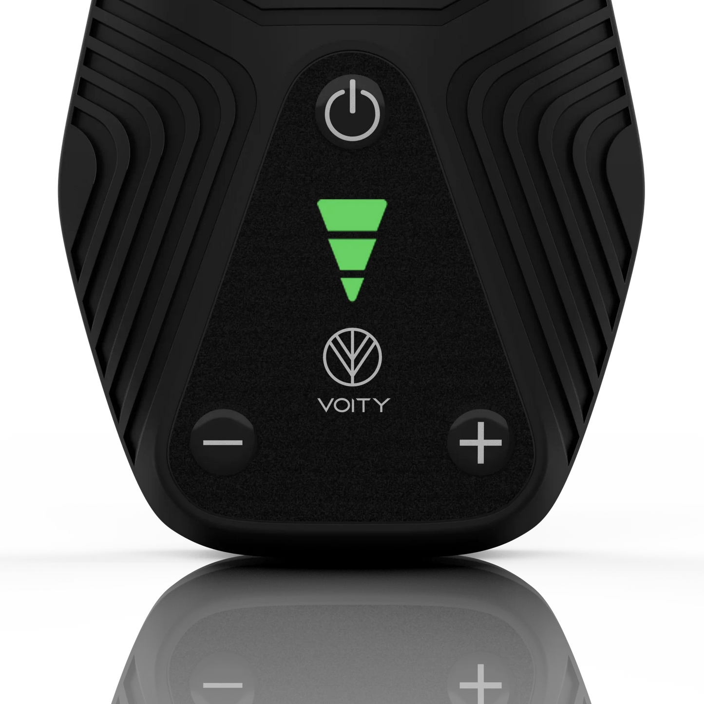 Nahaufnahme des Bedienfelds eines Norddampf Voity Vaporizers mit Power-Button, Plus-Minus-Tasten und einem leuchtend grünen Stufensymbol.
