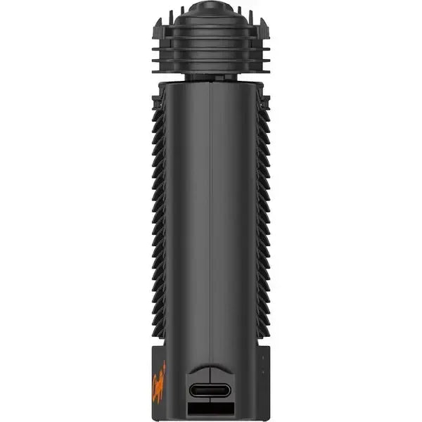 Seitenansicht des Crafty+ Vaporizers, die die gerippte Kühlstruktur und den USB-C-Ladeanschluss an der Unterseite zeigt.