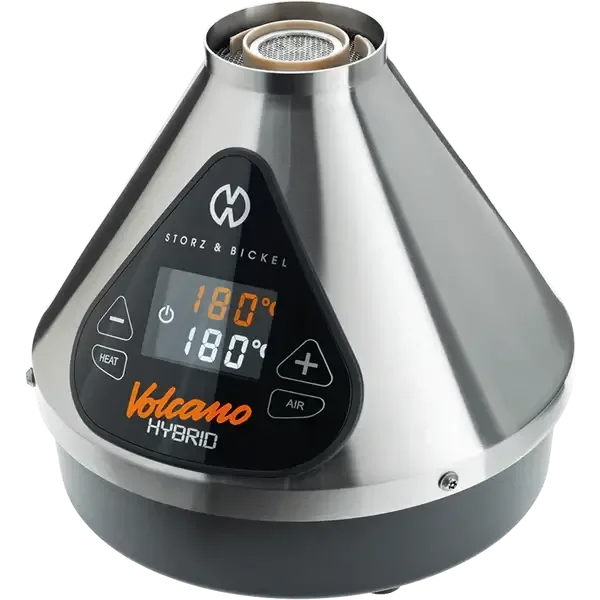 Ein silberner Storz & Bickel Volcano Hybrid Vaporizer mit digitaler Anzeige von 180°C, freigestellt auf weißem Hintergrund.