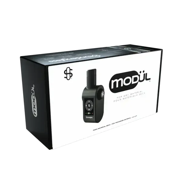 Die weiß-schwarze Verkaufsverpackung für das Stündenglass Modül, mit Produktfoto und der Aufschrift „Modül for dry material“.