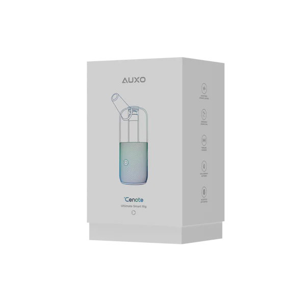 Weiße Produktverpackung für das AUXO Cenote Ultimate Smart Rig mit einer Abbildung des Geräts und Symbolen für die wichtigsten Funktionen.