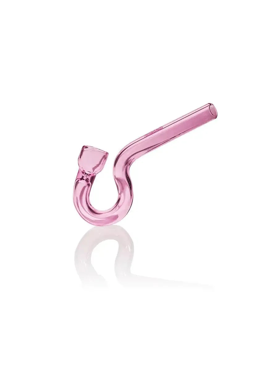 Eine rosa GRAV Hook Hitter Glaspfeife mit markanter U-Form und geradem Mundstück, dargestellt mit ihrer Spiegelung auf weißem Grund.