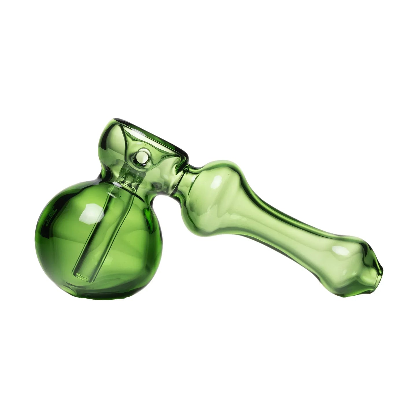 Eine kompakte Hammer-Bubbler-Pfeife aus smaragdgrünem Glas mit einem runden Korpus und ergonomischem Mundstück auf weißem Hintergrund.