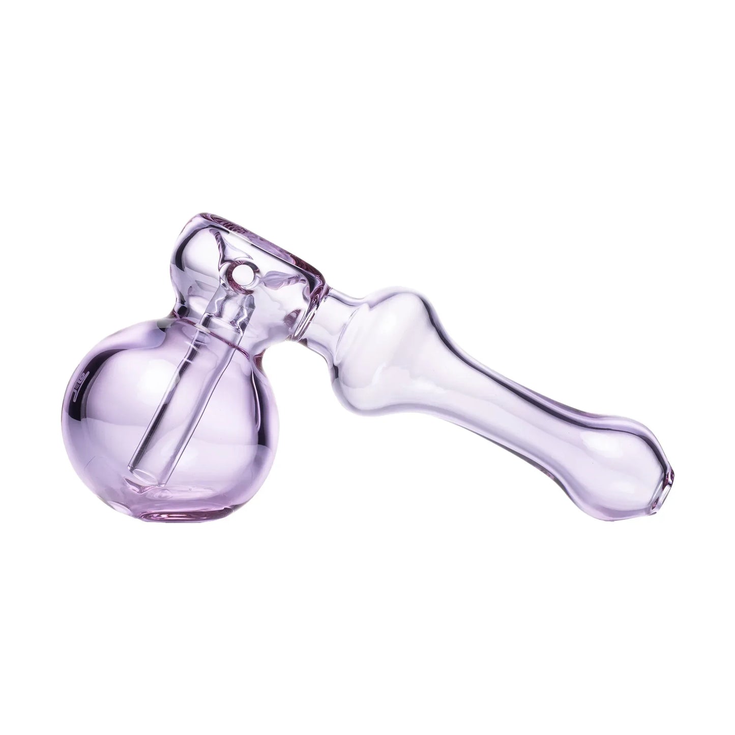 Eine lavendelfarbene Hammer-Bubbler-Pfeife aus Glas mit lichtdurchlässigem Finish und einer kugelförmigen Wasserkammer.