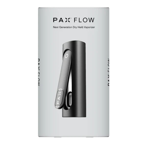 Ein schwarzer PAX Vaporizer in einer weißen Produktverpackung mit der Aufschrift „PAX FLOW – Next Generation Dry Herb Vaporizer“.