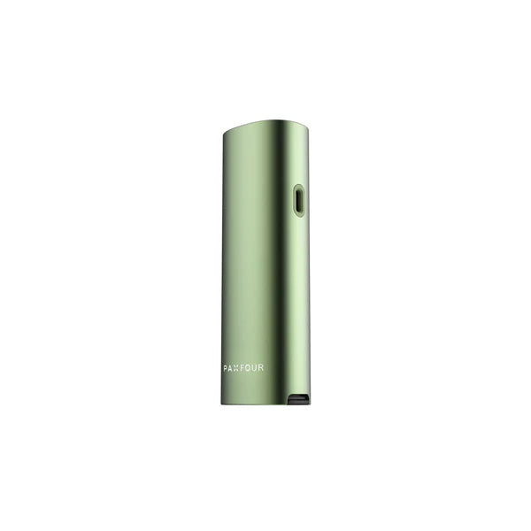 Seitenansicht eines salbeigrünen PAX Four Vaporizers mit dem dezenten „PAX FOUR“-Schriftzug auf einem schlichten weißen Hintergrund.