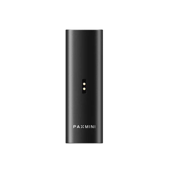 Rückansicht eines schwarzen „PAX MINI“ Vaporizers mit zwei goldenen Ladekontakten und weißem Logo-Schriftzug auf weißem Hintergrund.