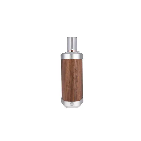 VAP Tiny Might V2 vaporizer with walnut wood casing and silver accents, showcasing sleek design and robust features.