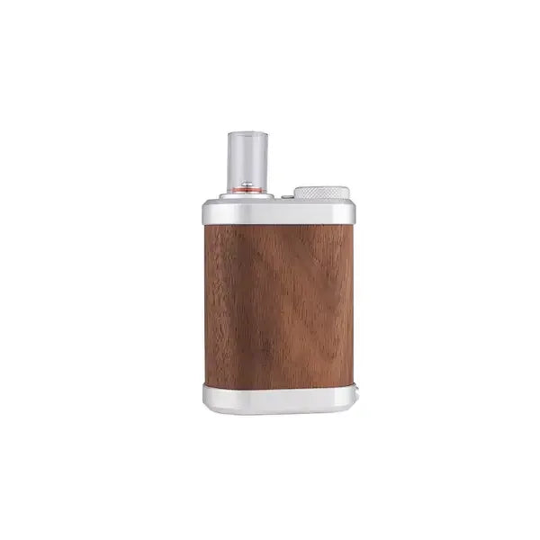 Eine breite Seitenansicht des Tinymight 2 Vaporizers, die die natürliche Holzmaserung des Walnussgehäuses und das Glasmundstück hervorhebt.