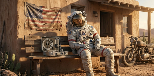 Astronaut sitz auf einer Holzbank vor einem alten, staubigen mexikanischer Hütte. Er schläft leicht nach rechts gebeugt. neben ihm steht ein aluminiumkoffer in silber mit einem gravity infuser von Stündenglass. Die Sonne scheint.