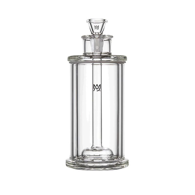 Ein animiertes GIF einer klaren Glas-Wasserpfeife im Kolben-Design, das den zylindrischen Körper und den internen Perkolator in der Frontansicht zeigt.
