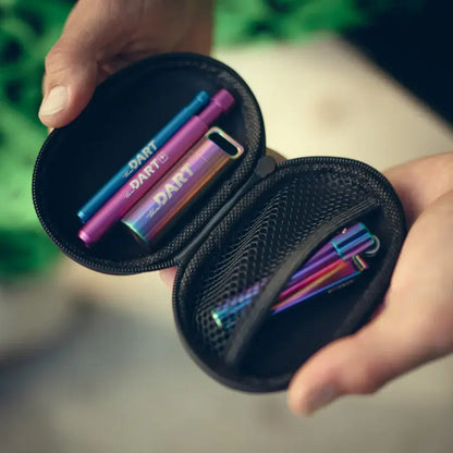 Close-up of DART storage case with colorful pens and tools inside, showcasing portability and organization.