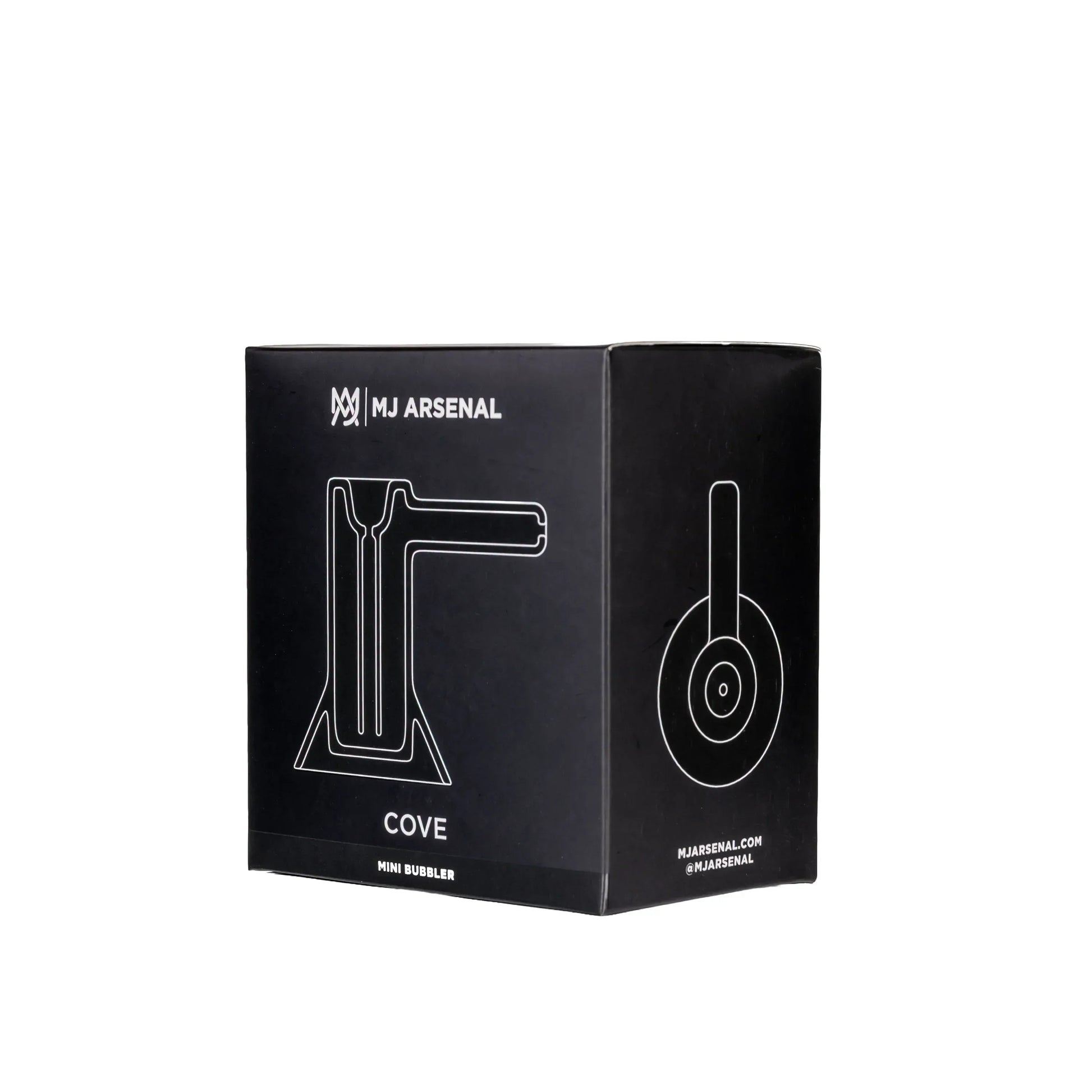 Schwarze Produktverpackung für den „Cove Mini Bubbler“ von MJ Arsenal mit minimalistischen weißen Strichzeichnungen des Designs.