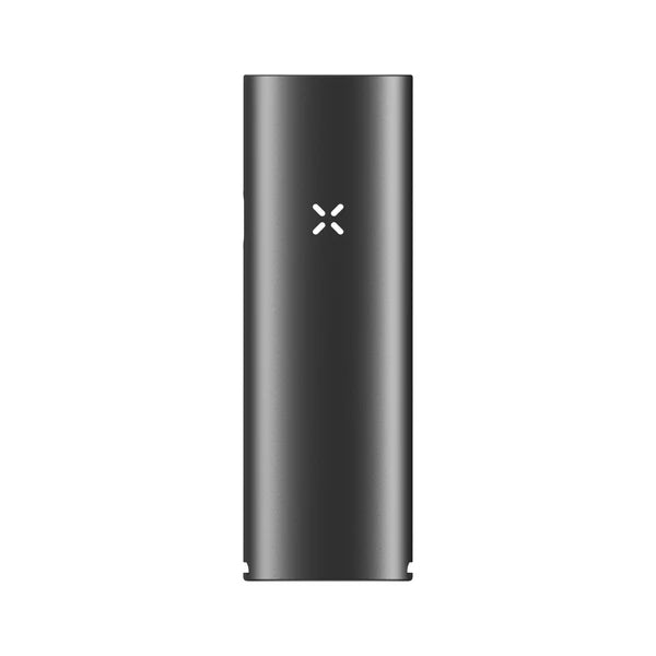 Ein schlanker, anthrazitfarbener PAX Mini Vaporizer mit dem charakteristischen, weiß leuchtenden X-Logo in der Mitte auf weißem Hintergrund.
