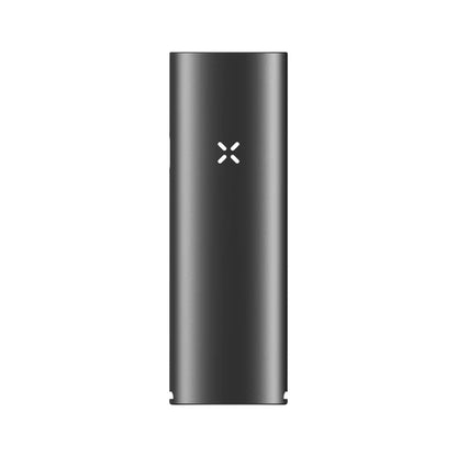 Ein schlanker, anthrazitfarbener PAX Mini Vaporizer mit dem charakteristischen, weiß leuchtenden X-Logo in der Mitte auf weißem Hintergrund.