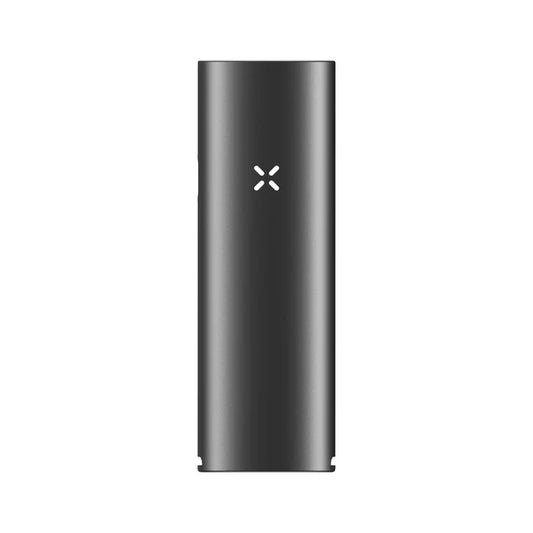 Ein schlanker, anthrazitfarbener PAX Mini Vaporizer mit dem charakteristischen, weiß leuchtenden X-Logo in der Mitte auf weißem Hintergrund.