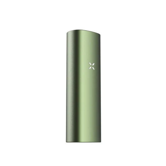 Ein schlanker, olivgrüner Vaporizer mit matter Metallic-Oberfläche und einem kleinen X-Logo in der Mitte auf weißem Hintergrund.