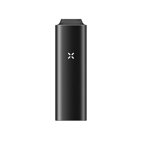 Vorderansicht eines schwarzen Vaporizers mit aufgesetztem, erhöhtem Mundstück und einem leuchtenden X-Logo auf weißem Hintergrund.