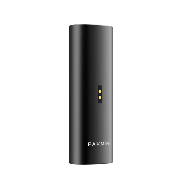 Rückansicht eines schwarzen „PAX MINI“ Vaporizers im Profil, mit Fokus auf die goldenen Ladekontakte und den weißen Produktschriftzug.