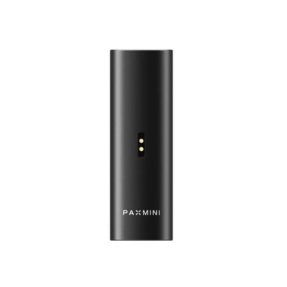 Rückansicht eines schwarzen „PAX MINI“ Vaporizers mit zwei goldenen Ladekontakten und weißem Logo-Schriftzug auf weißem Hintergrund.