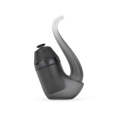 Ein eleganter, schwarzer Vaporizer in Pfeifenform mit einem ergonomischen Glasmundstück und einer strukturierten Oberfläche.