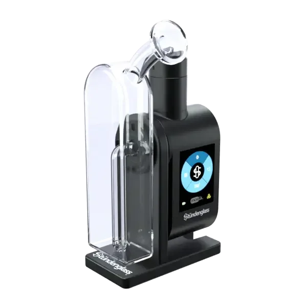 Ein schwarzer Stündenglass Modül Vaporizer mit einem klaren, transparenten Dok-Glasaufsatz und aktivem digitalem Display.