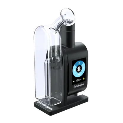 Ein schwarzer Stündenglass Modül Vaporizer mit einem klaren, transparenten Dok-Glasaufsatz und aktivem digitalem Display.