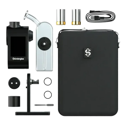 Draufsicht des vollständigen Stündenglass Modül Kits mit klarem Dok-Glas, Magnetstation, Tanks und schwarzer Tragetasche.