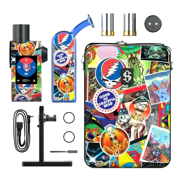 Vollständiges Stündenglass Modul-Set im Grateful Dead Design mit Steuereinheit, Glasaufsatz, farbenfroher Tragetasche, Ladekabel und Zubehör.